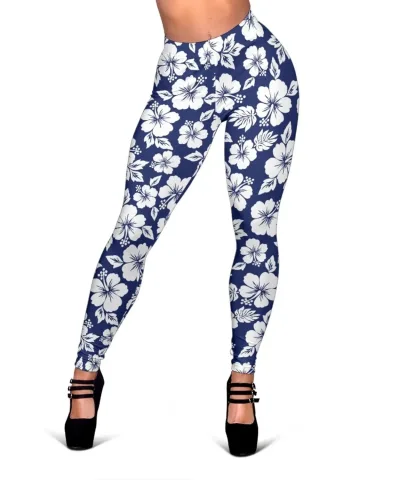 White Blue Hibiscus Floral Pattern Print Women's Leggings