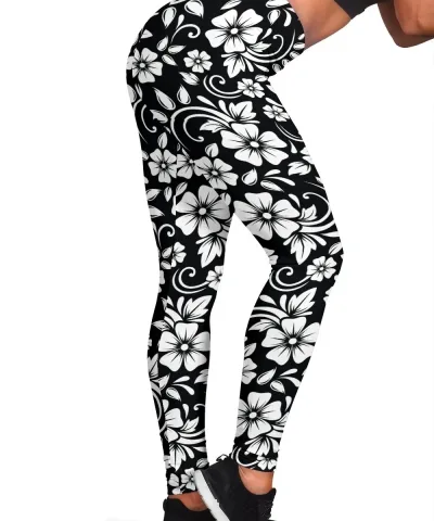 Floral Black White Themed Print Women's Leggings