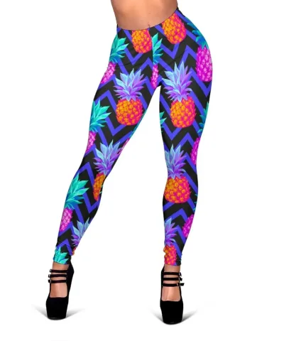 Neon Edm Zig Zag Pineapple Pattern Print Women's Leggings
